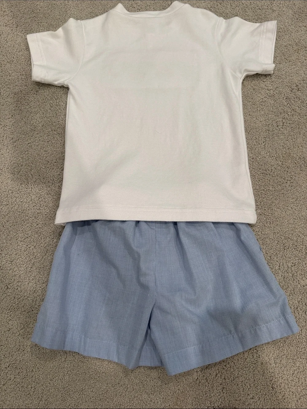 Boys White Tee & Light Blue Shorts Matching Set with Red Train Smocking